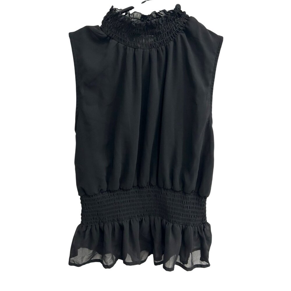Japna Sleeveless Black Smocked Ruffle Hem Top Shirred Neck Lightweight Size S